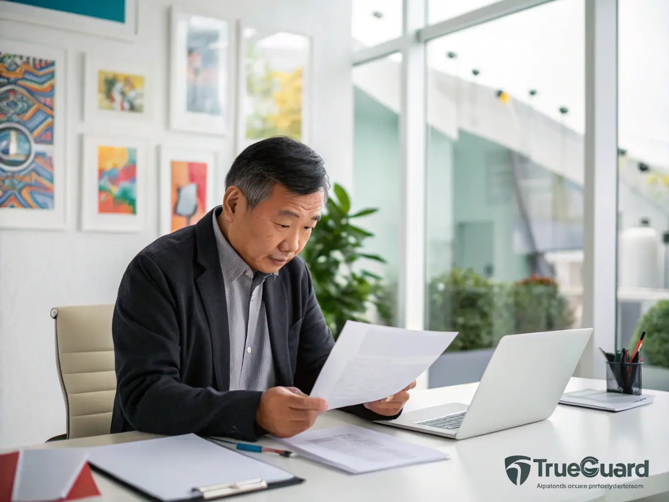 A business owner reviewing documents in a modern office, illustrating the importance of protecting business assets with TrueGuard's Commercial Insurance.