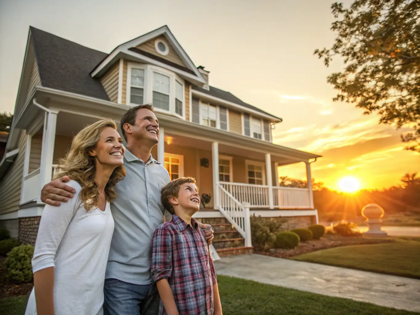 A family happily standing in front of their home, symbolizing security and protection, representing TrueGuard's Home Insurance offerings.