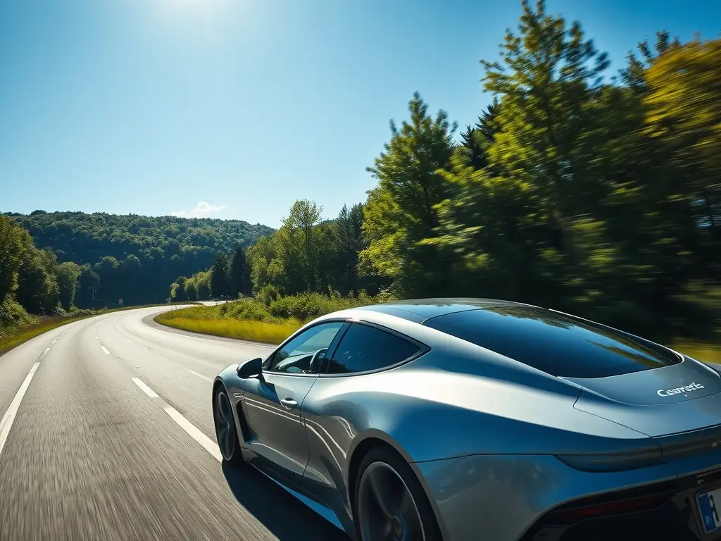 A sleek, modern car driving on a scenic road, representing auto insurance protection.