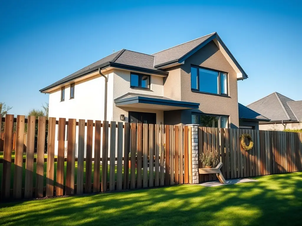 A modern house with a lush green lawn and a clear blue sky in the background, symbolizing home insurance coverage.