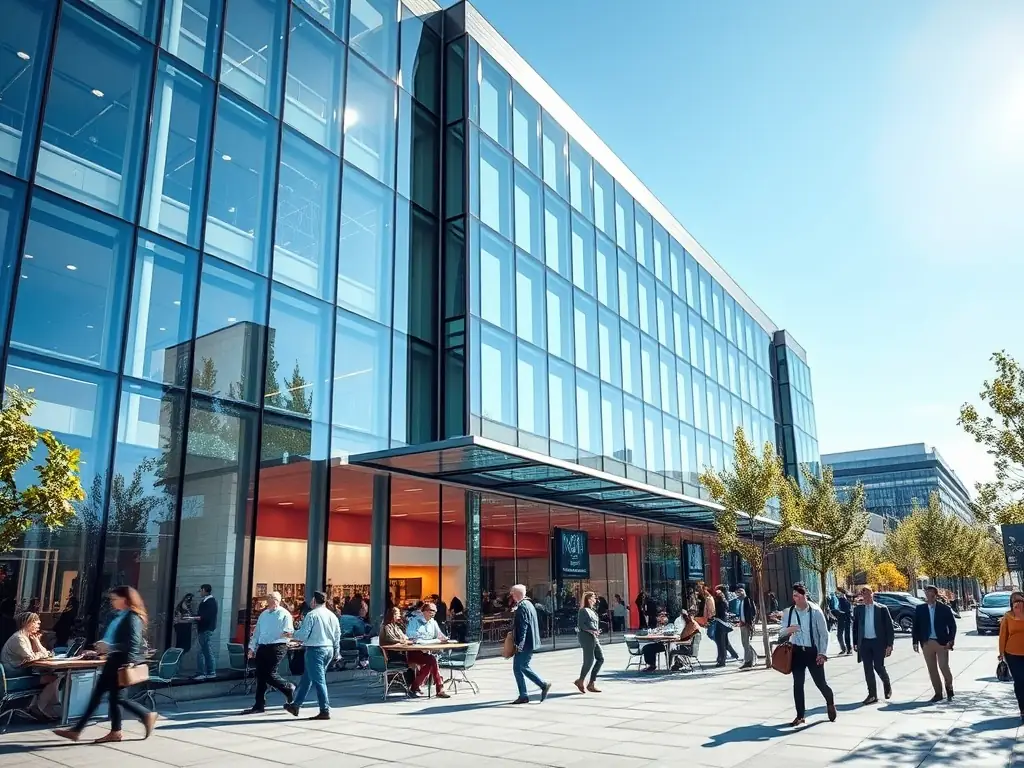 A bustling office building with employees working inside, symbolizing commercial insurance solutions.